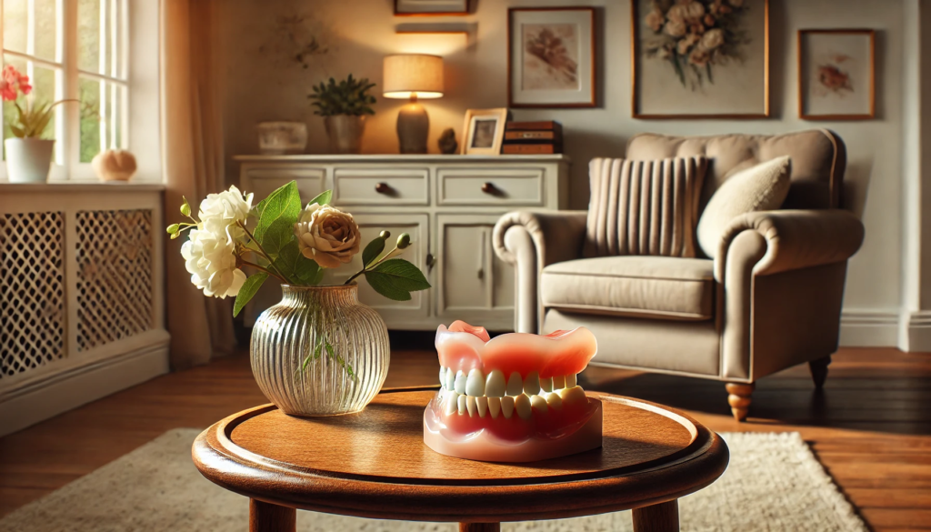 Living room with dentures on wooden table, cozy chair, and vase with flowers."