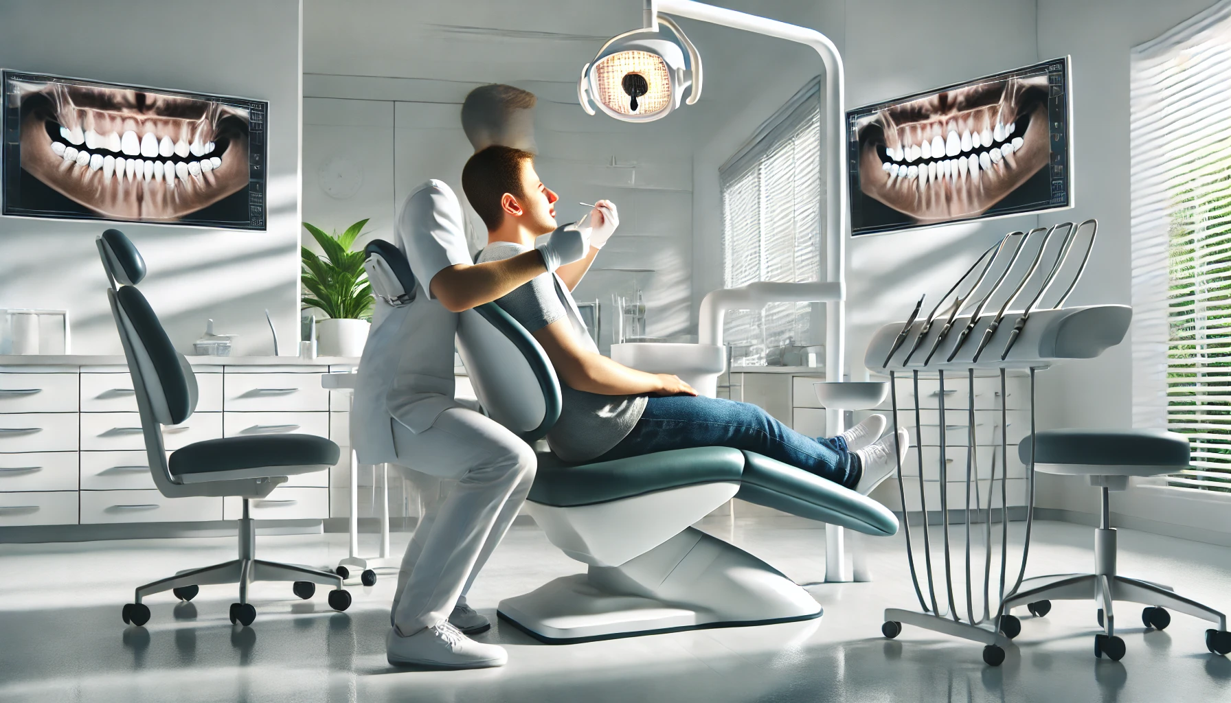 A modern dental clinic with a dentist performing a routine check-up on a relaxed patient, highlighting the importance of regular visits."