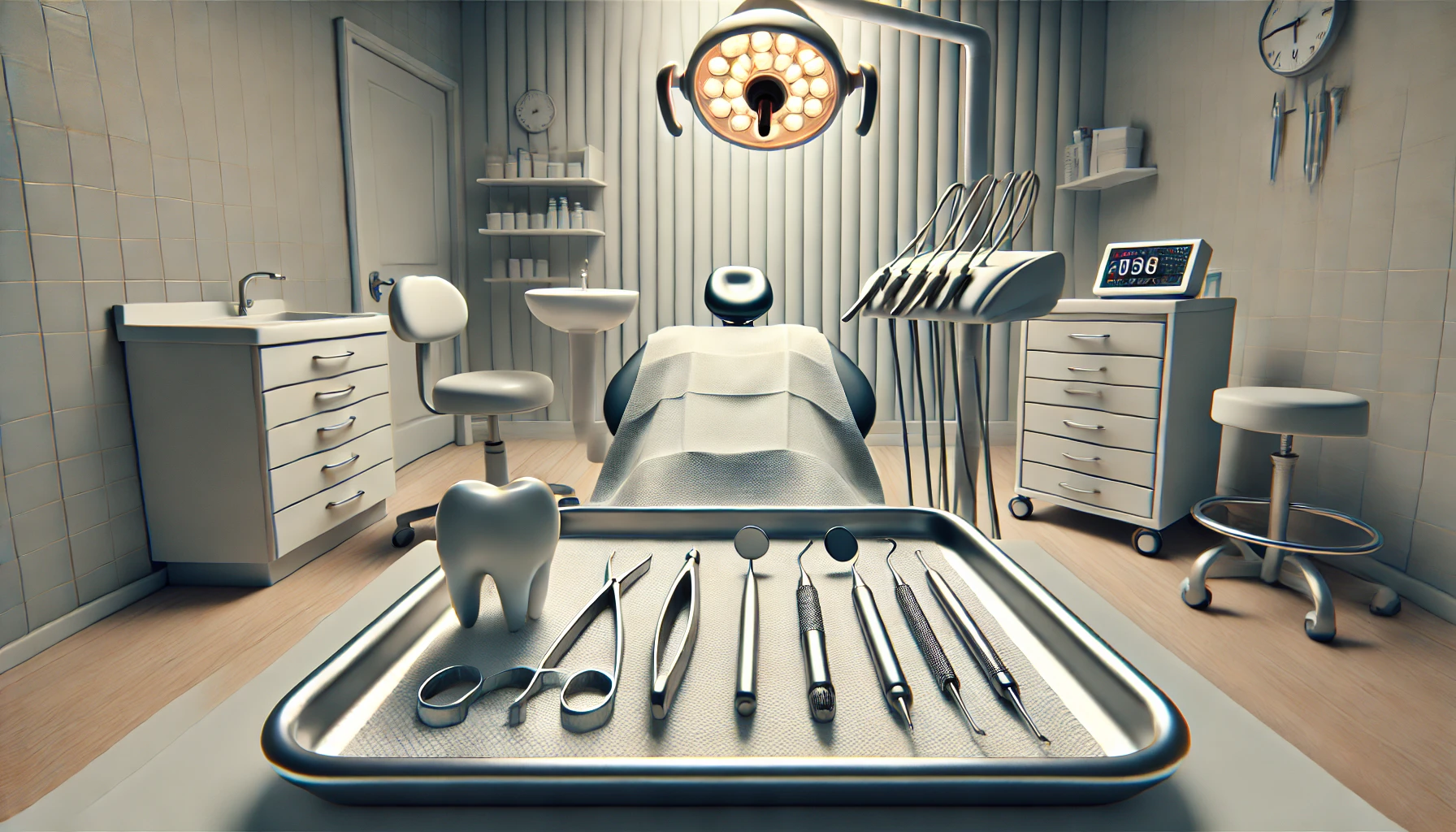 "Dental tools laid out on a tray in a dental clinic, depicting a realistic atmosphere that may contribute to common causes of dental anxiety."