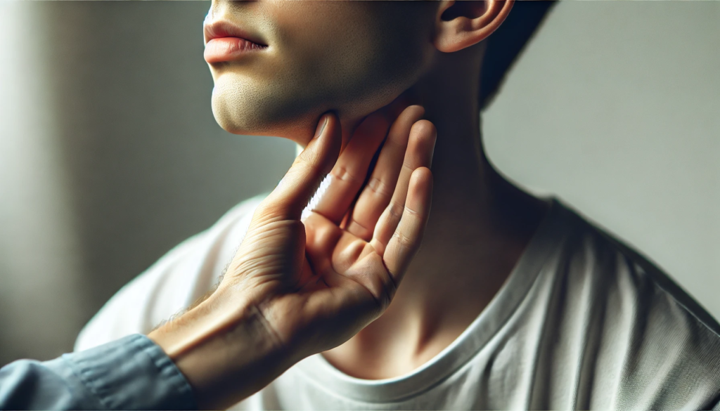 Person gently massaging the jaw area to relieve TMJ disorder discomfort, focusing on non-invasive tmj disorder treatments in a calm, minimal setting