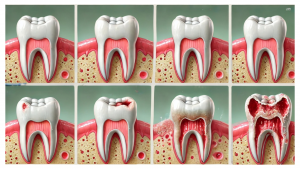 Illustrasjon som viser utviklingen av periodontitt i fem stadier, fra friskt tannkjøtt til alvorlig tannkjøttsykdom med bentap.