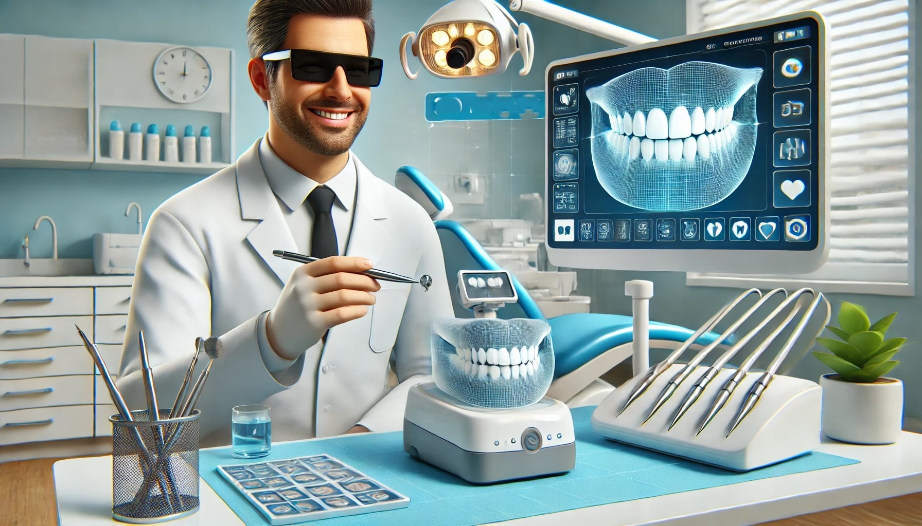 Digital tannbehandling: Den beste løsningen for et perfekt smil 1 Moderne tannklinikk med tannlege som bruker digitale verktøy som 3D-bildebehandling for å designe et perfekt smil til pasienten."