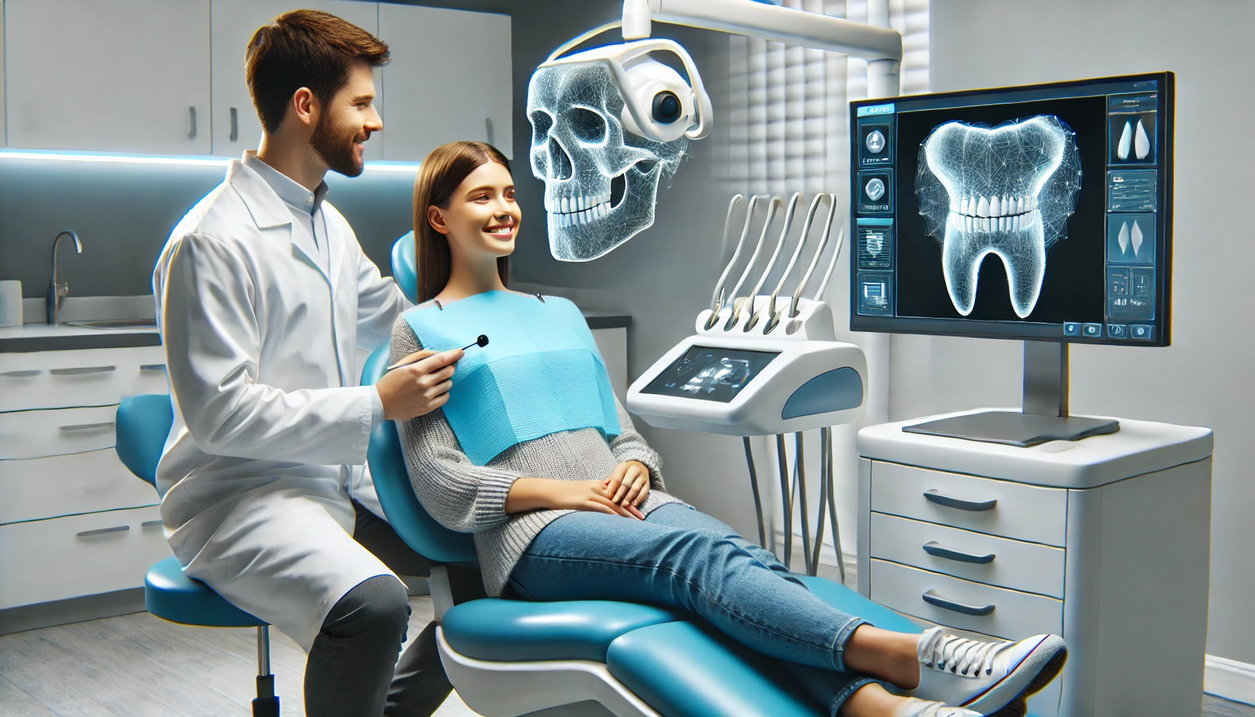 Digital tannbehandling: Den beste løsningen for et perfekt smil 5 Moderne tannklinikk med tannlege som bruker digitale skannere og 3D-modellering for å forbedre tannbehandlingsresultater, i en avslappet setting." 26 år offentlige dersom rett behandlingen betale voksne takster