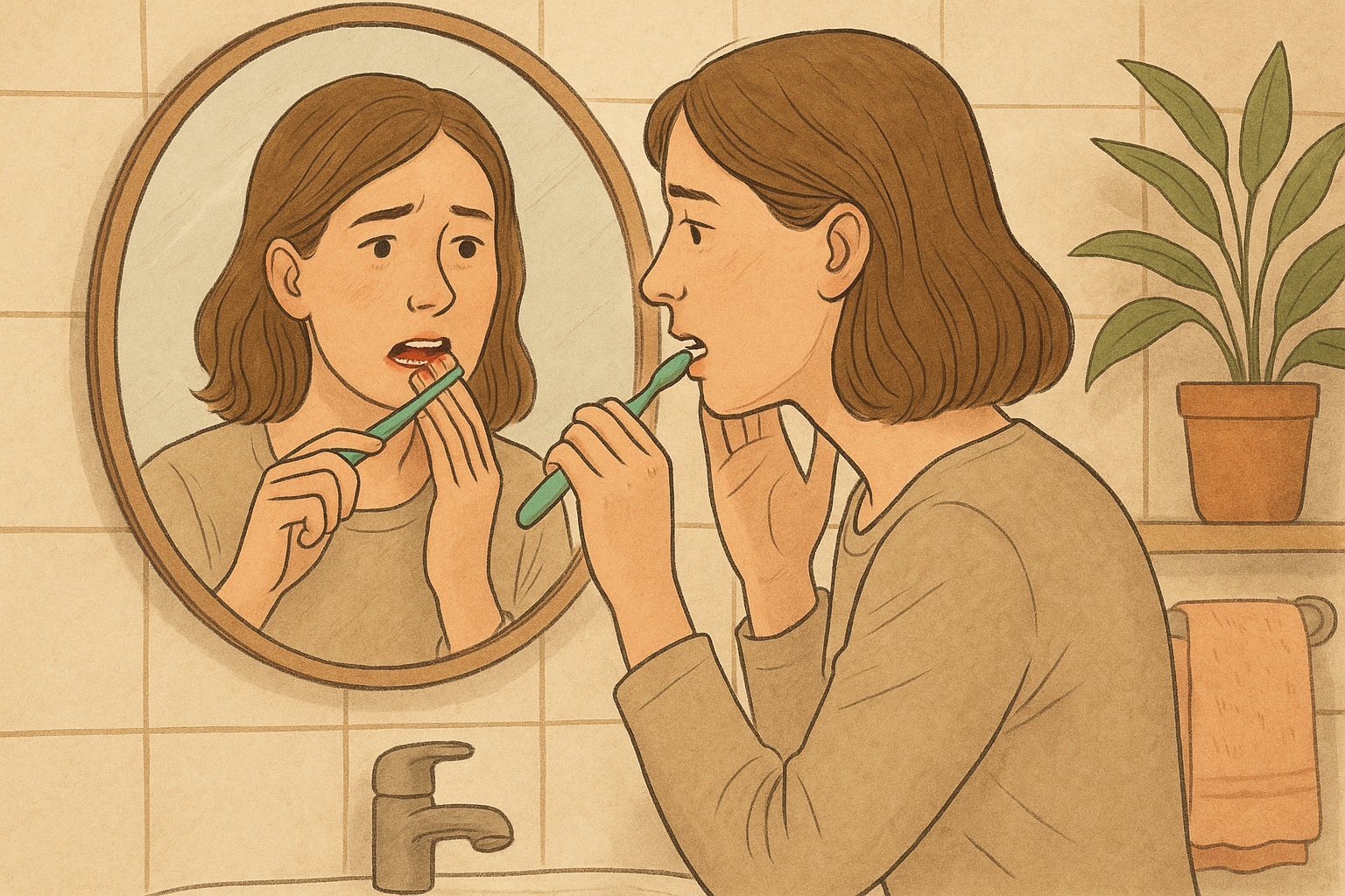 Kvinne ser bekymret på blod på tannbørsten mens hun pusser tennene foran speilet hjemme på badet.