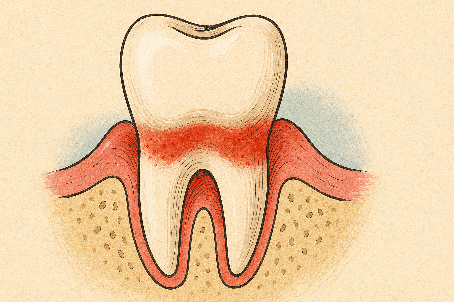 Illustrasjon av tann med betent tannkjøtt og synlig tannrot – viser typiske symptomer på pyrea (periodontitt)