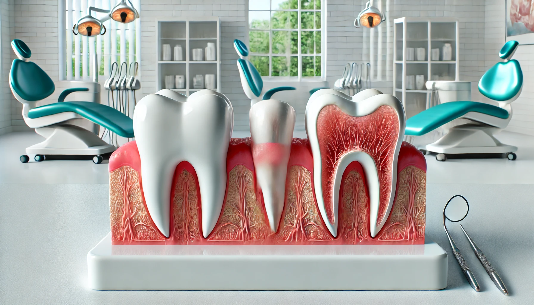  To tannmodeller viser forskjellen mellom gingivitt og periodontitt, plassert på klinikkbord uten tekst eller personer.