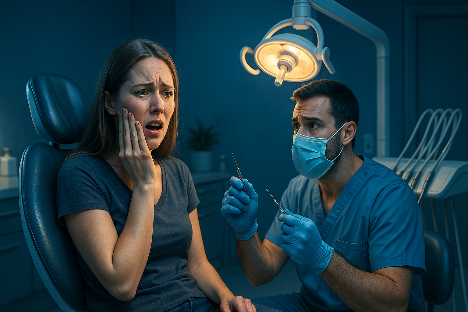 Pasient med sterke tannplager får akutt hjelp i moderne klinikk, med tannlege som vurderer nødbehandling i trygge omgivelser.