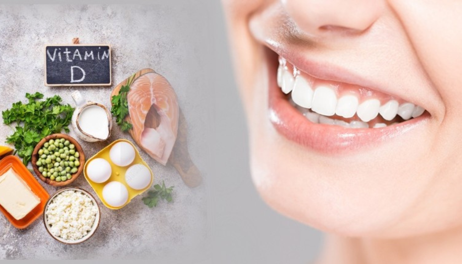 Smilende munn med sunne tenner ved siden av matvarer rike på vitamin D, som fisk, egg, melk og grønnsaker. vitamin d bidrar vitamin er viktig blant annet hos barn les mer lager vitaminer flere alder kilder