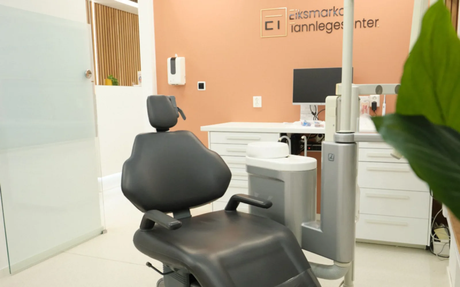Klinikkens behandlingsrom med tannlegestol, trepanel og planter