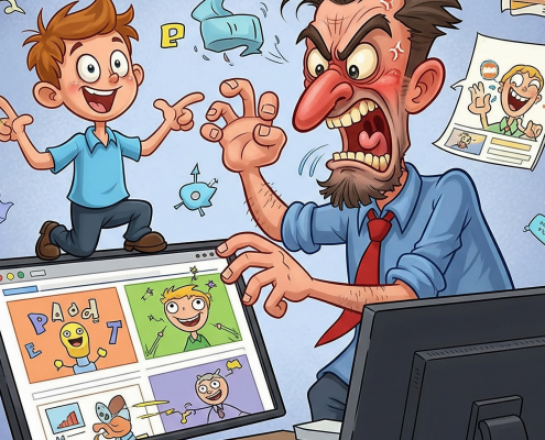 Eine humorvolle Illustration zeigt einen verärgerten Geschäftsinhaber, der auf einen Computermonitor blickt. Auf dem Bildschirm ist das triumphierende Gesicht seines jungen Neffen zu sehen, umgeben von chaotischen, "geschrotteten" Marketing-Elementen wie schiefen Logos und fehlerhaften Grafiken. Der Onkel gestikuliert mit den Händen, sein Gesichtsausdruck drückt Frustration und Enttäuschung über das Ausmaß des angerichteten Schadens aus.