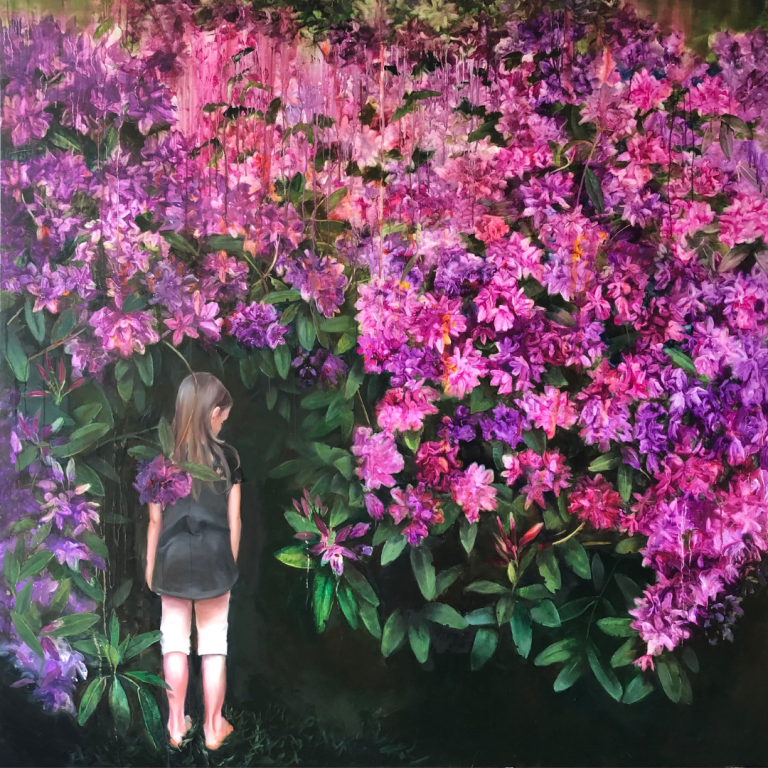 "Pige og Rhododendron" 200x180 - 2021 (solgt)