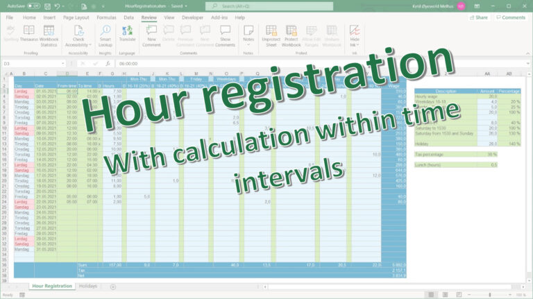 Hour registration in Excel with calculation of time within intervals