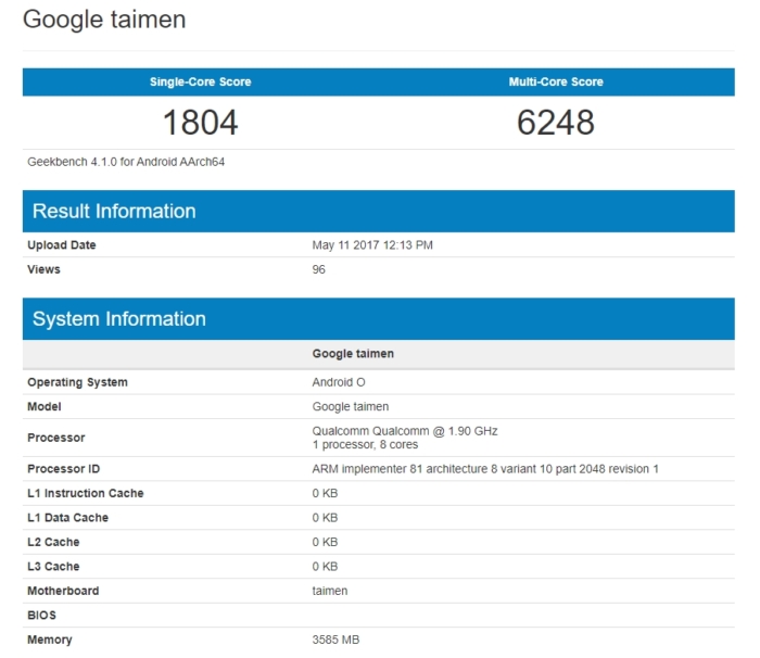 primer benchmark del Google Pixel 2 GeekBench