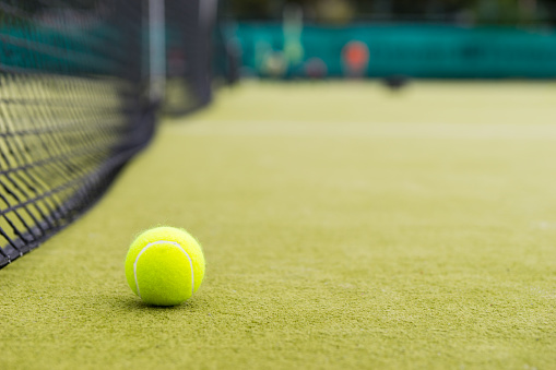 New tennis ball lies near the net on the grass court i