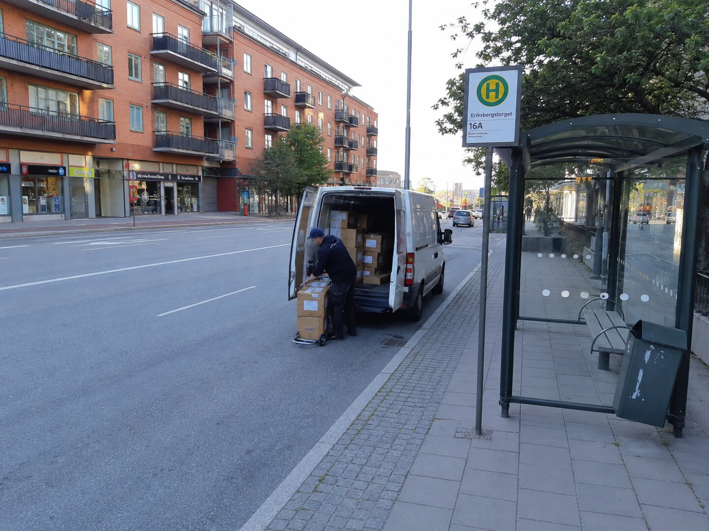 May you stop at a bus stop to unload goods?