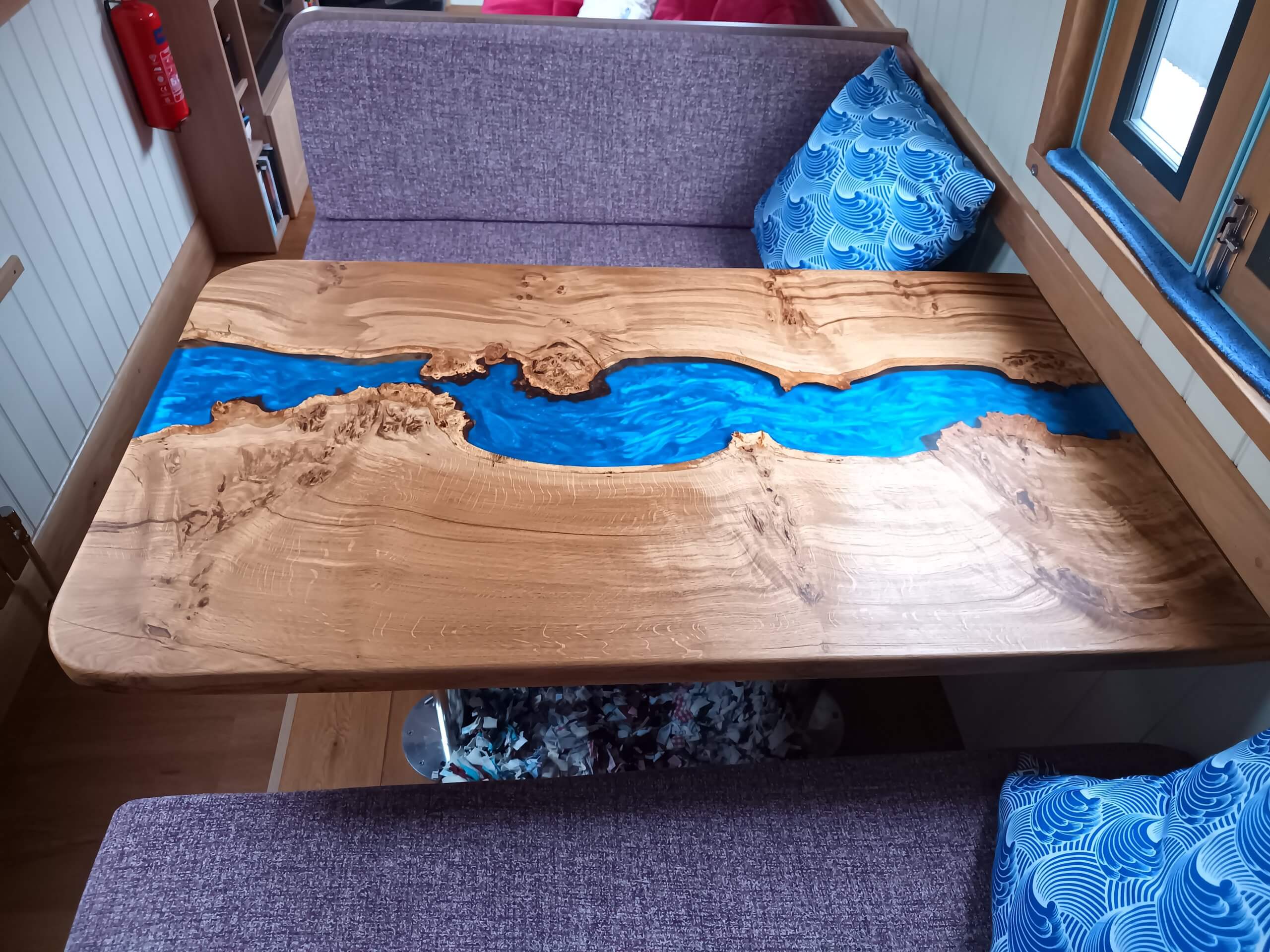 IMG_20250117_130056_211 oak wooden dinette table with blue a epoxy resin river running through the middle