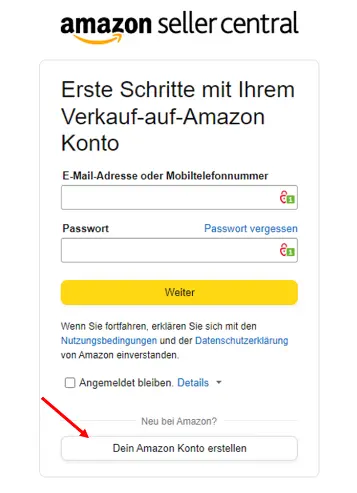 Am unteren Ende der Registrierungsmaske den Button "Dein Amazon Konto erstellen" drücken