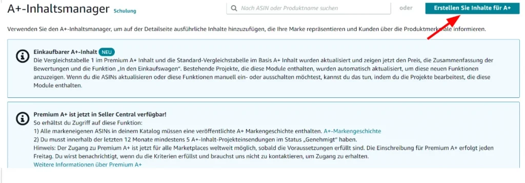 Amazon Seller Central neuer A+ Inhalt anlegen