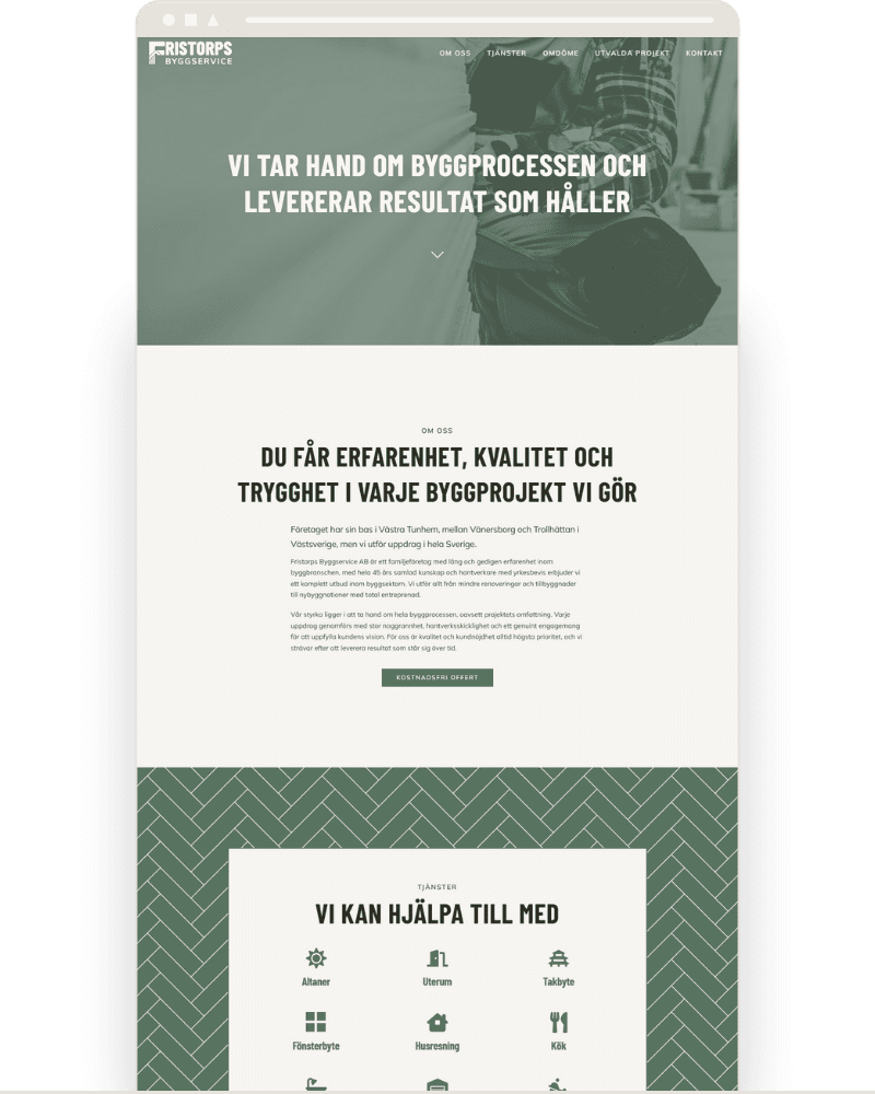 Website mockup for Fristorps Byggservice showing headline, services and contact section, designed with a green and white visual identity