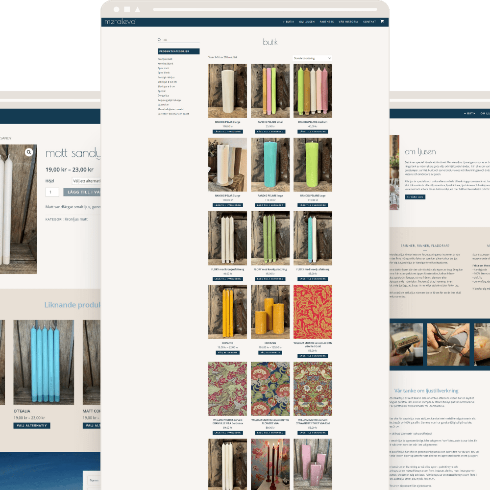 Overview of Meraleva’s webshop featuring colorful hand-poured candles with a focus on sustainable design.