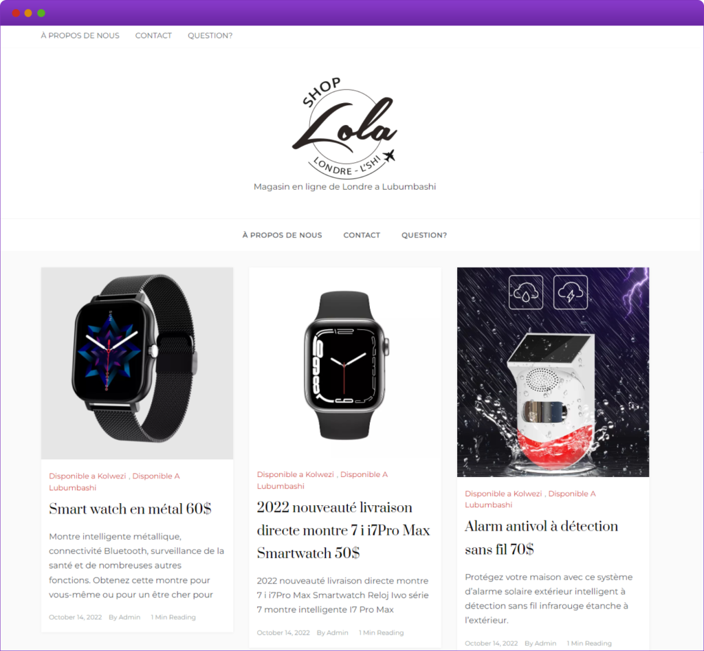 A website design with a purple header. The logo of the website mentions the words "lolashop" there are three images of watches and an alarm all being sold on this online store. The website has been designed by the freelancer of esperiment.