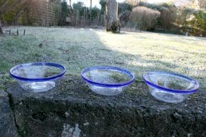 3 antikke tykmælk skåle med blå kant danske, ca. 14,5 cm Ø og 4,4-5 cm høje.