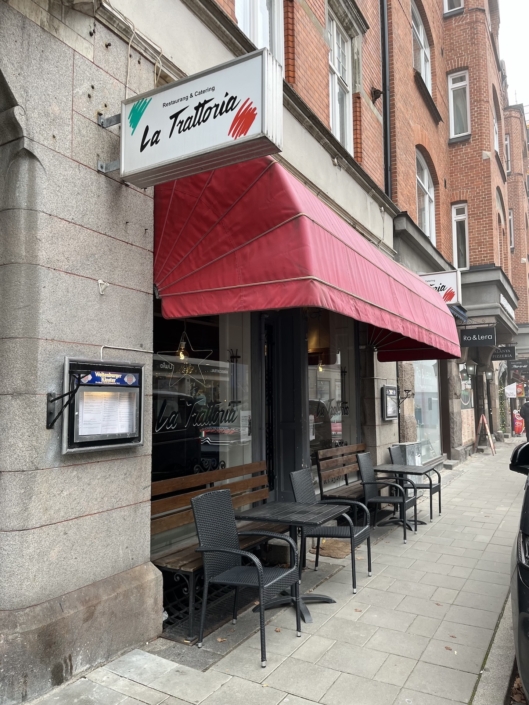 Entré till La Trattoria på Östra Tullgatan – Restaurang till salu Malmö med 25 sittplatser på uteserveringen till vänster.