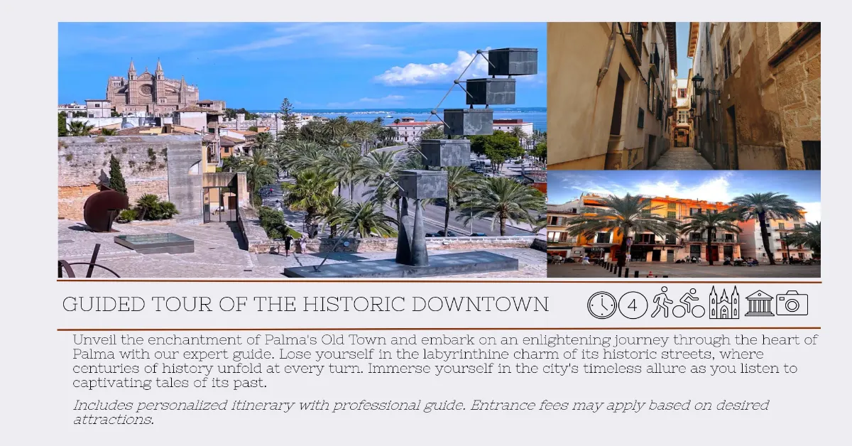 Collage of Palma de Mallorca Old Town featuring La Seu Cathedral, modern kinetic sculpture, narrow medieval streets with palm trees, and colorful historic buildings under blue sky