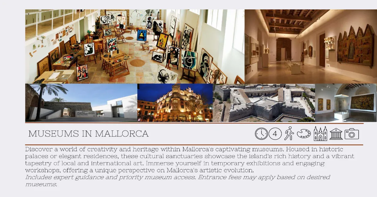 Interior and exterior views of major museums in Mallorca, featuring artist studios, contemporary art displays, historic architecture, and medieval religious paintings