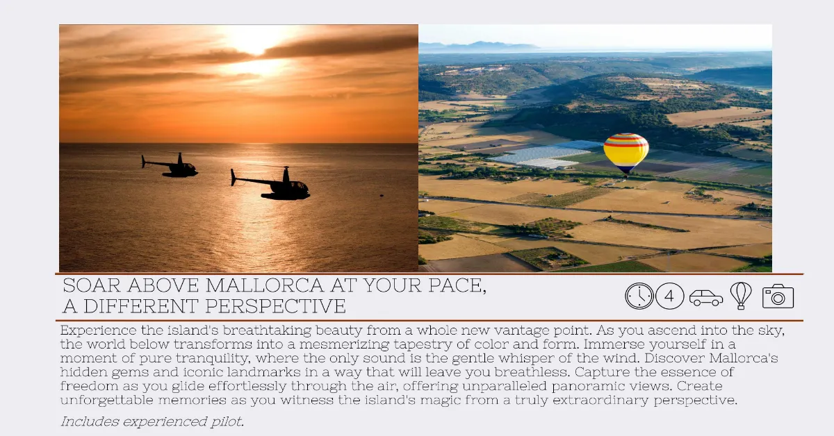 Sunset aerial view of Mallorca with hot air balloon and two helicopters flying over coast and countryside