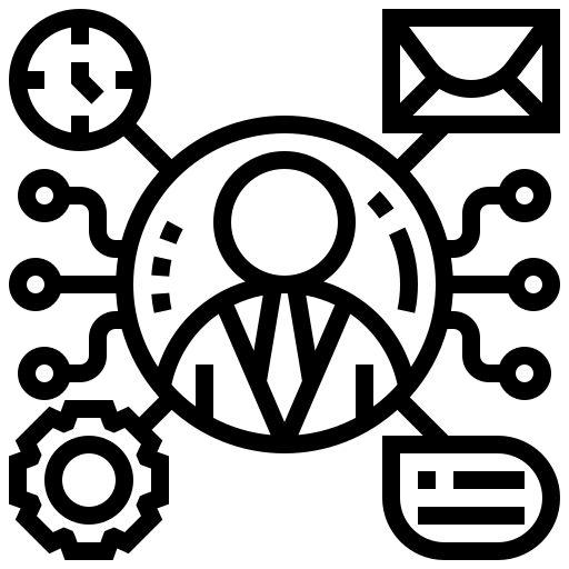 Support services icon with avatar holding cogwheel and envelope