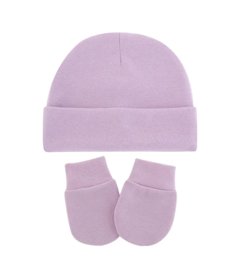 Bonnet et gant violet ciel pour nouveau né à personnaliser