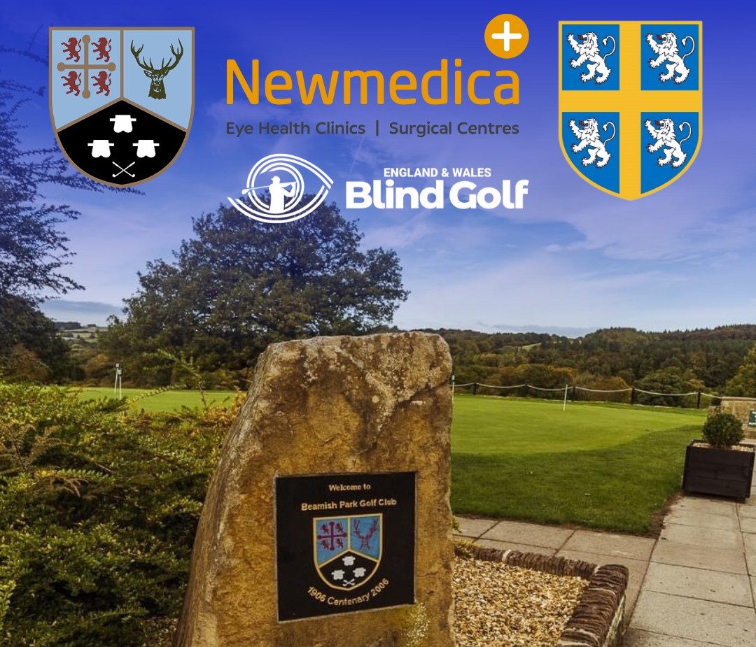 Picture show Beamish Park Emblem, Durham County Golf Union Emblem and Newmedica Logo with a background showing the entrance to Beamish Golf Club
