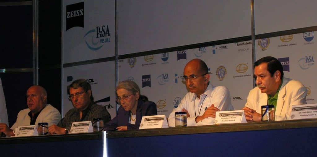 Top class eye doctors; Professors J Hoyos (Spain) J Garcia (Mexco) Carmen Barraquer (Colombia) Ahmad Khalil (Cairo Egypt), and Host G Avalos (Mexico) Chairing a symposium on lens implantation and vision correction