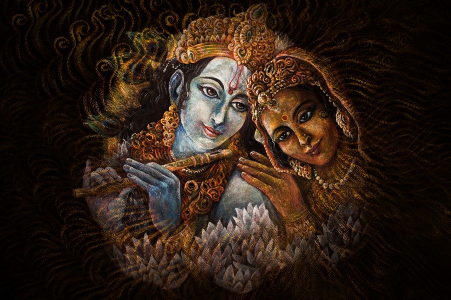 radha and krishna playing flute, hand painted illustration