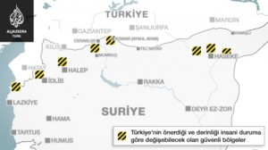 الخريطة رقم 1: التصور التركي للمناطق الآمنة في أكتوبر/تشرين الأول 2014، بحيث تتوزع على طول الحدود التركية-السورية شرقي وغربي نهر الفرات (المصدر موقع الجزيرة تورك).