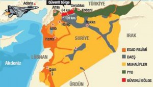 الخريطة رقم 2: المنطقة/المناطق الآمنة المفترضة وفق الاتفاق التركي-الأميركي في يوليو/تموز 2015، بطول 90 كلم بين المعرة وجرابلس (غربي نهر الفرات)، وبعمق يصل في بعض الأماكن إلى 50 كلم (المصدر صحيفة الصباح)(32)