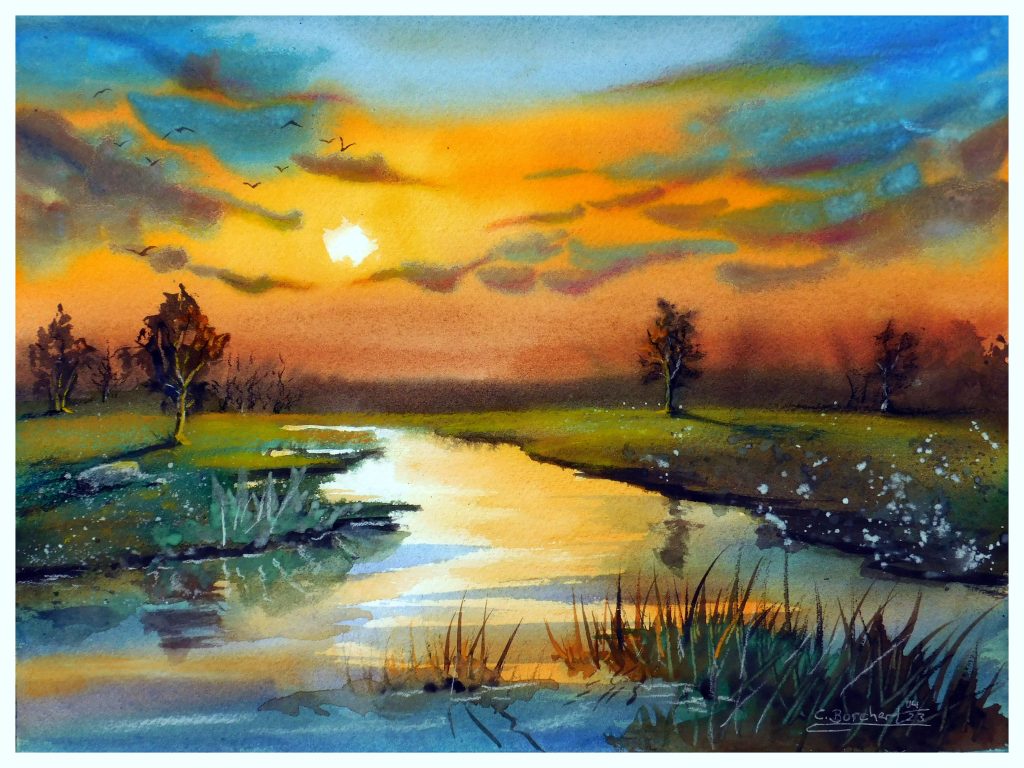 Sunset on the river, Aquarell von Claudia Borchert