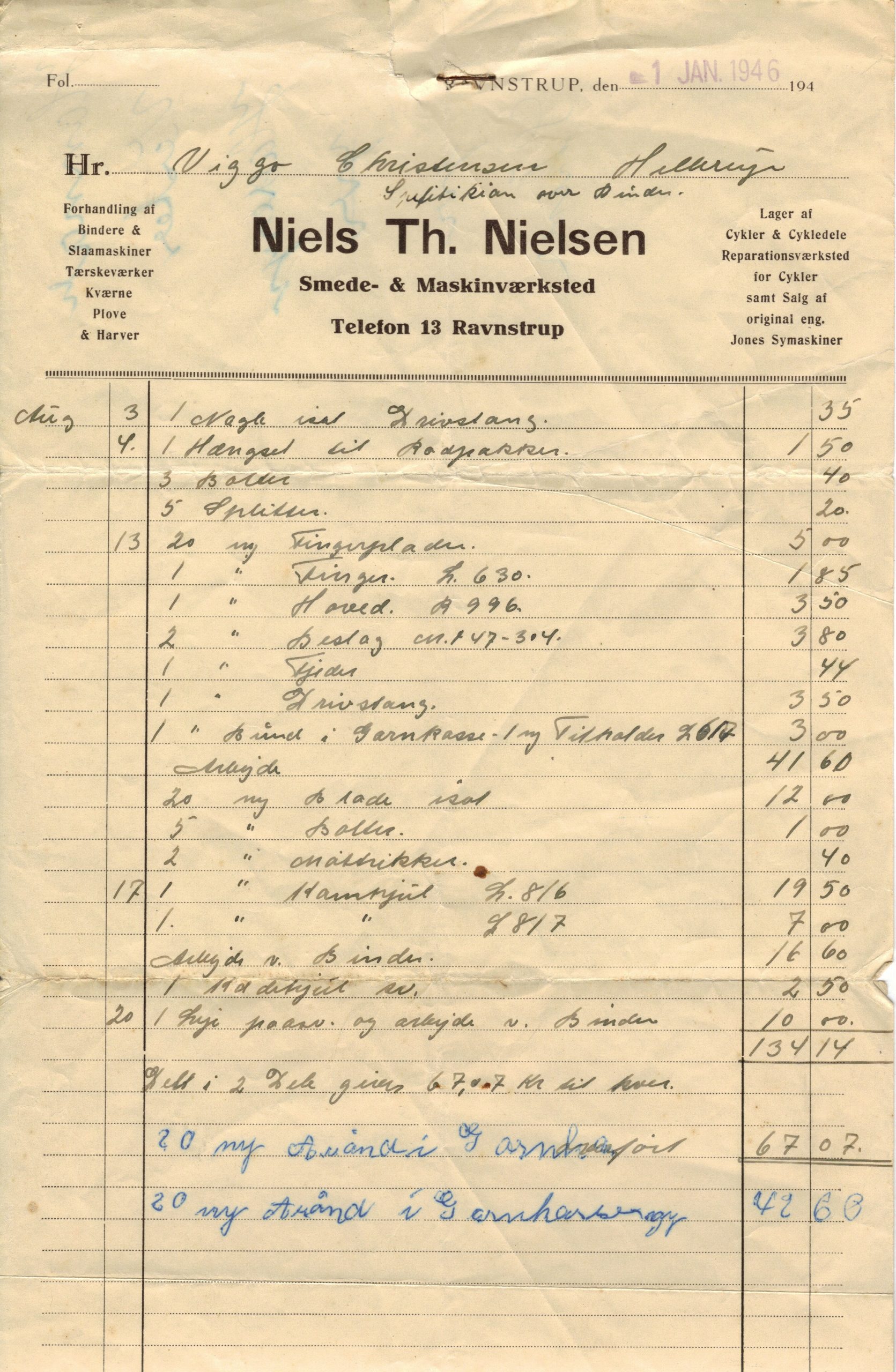 Regning Ravnstrup Smedie 1946