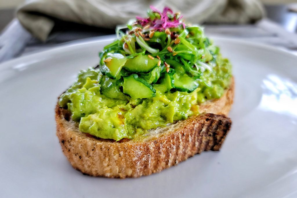 Cucumber Avocado Toast: Mash 1/2 an avocado and spread it on a piece of whole grain bread. Top with sliced cucumbers and a sprinkle of salt.