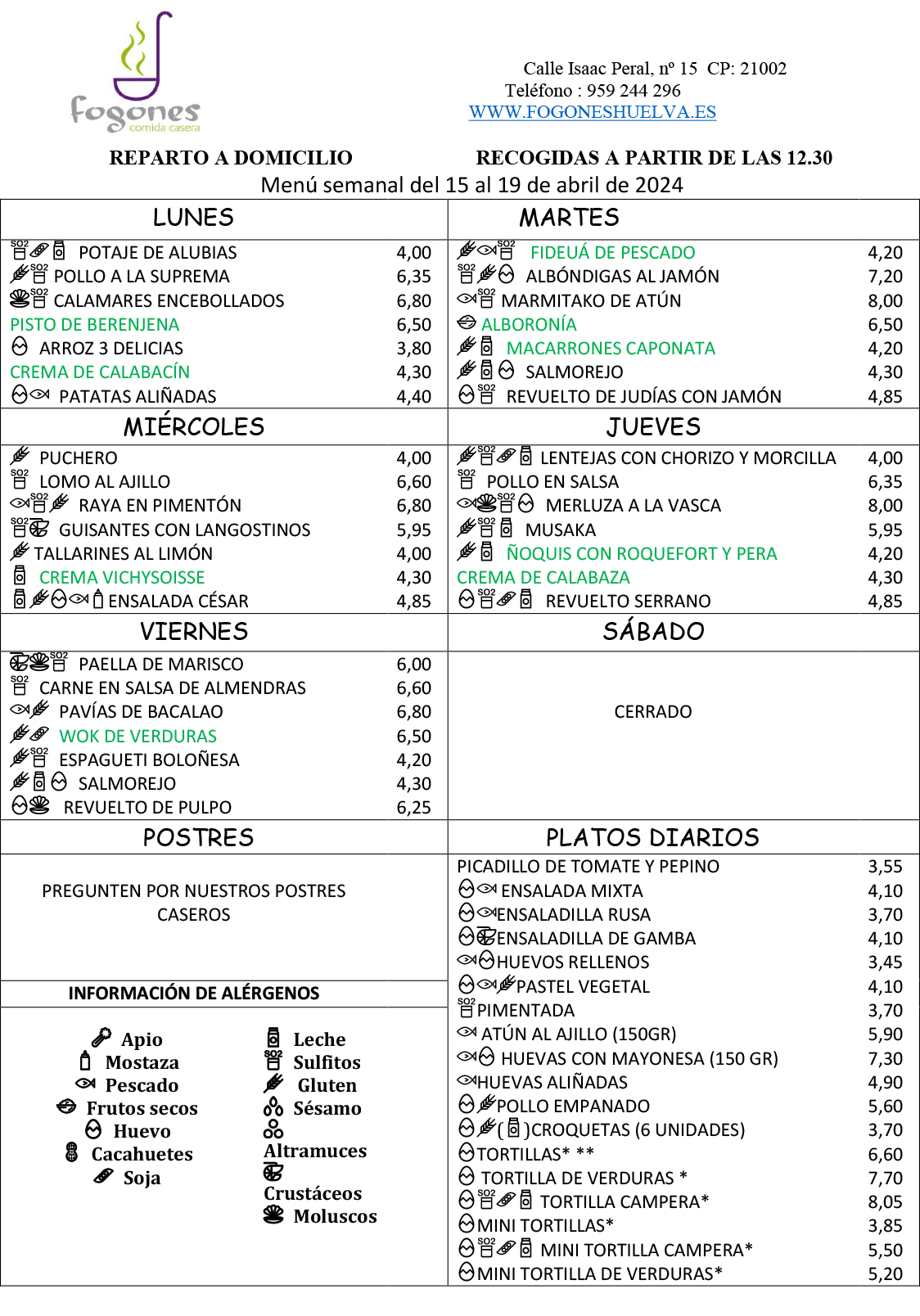 Menú de comida para llevar en Huelva, Fogones