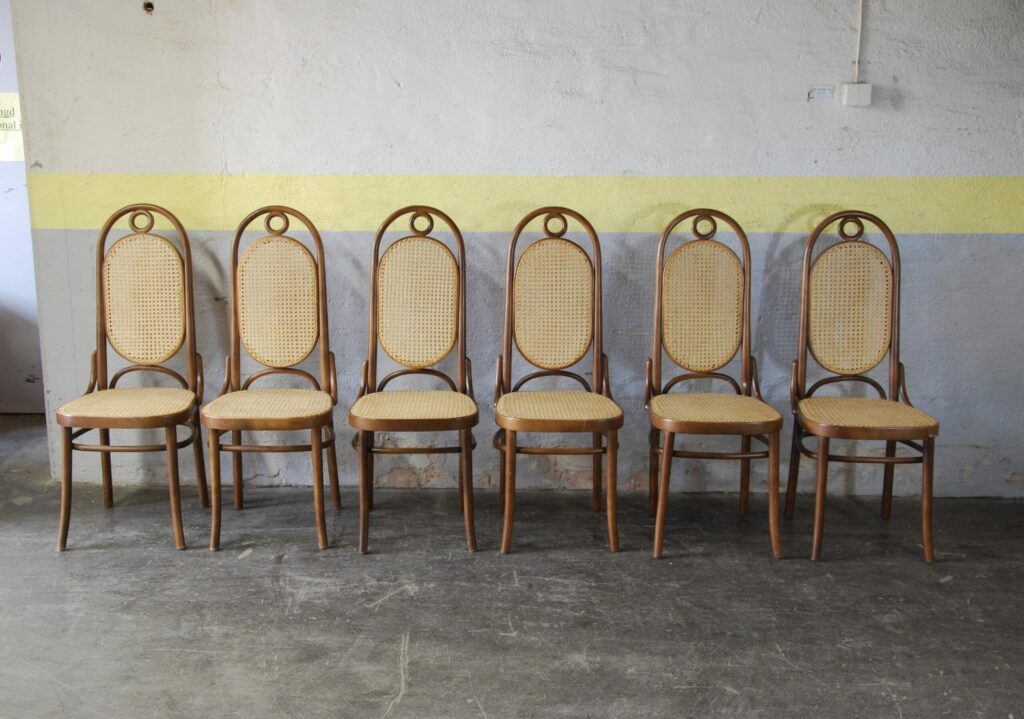 Sex stolar i böjträ med sits & rygg i rotting, 1900-talets andra hälft