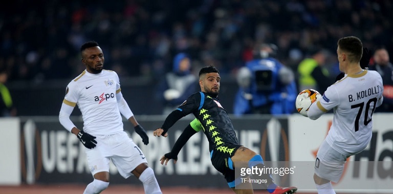 ZURICH, SWITZERLAND - FEBRUARY 14: Umaru Bangura of Zurich , Lorenzo Insigne of Napoli and Benjamin Kololli of Zurich battle for the ball during the UEFA Europa League Round of 32 First Leg match between FC Zurich and SSC Napoli at Letzigrund on February 14, 2019 in Zurich. (Photo by TF-Images/TF-Images via Getty Images)