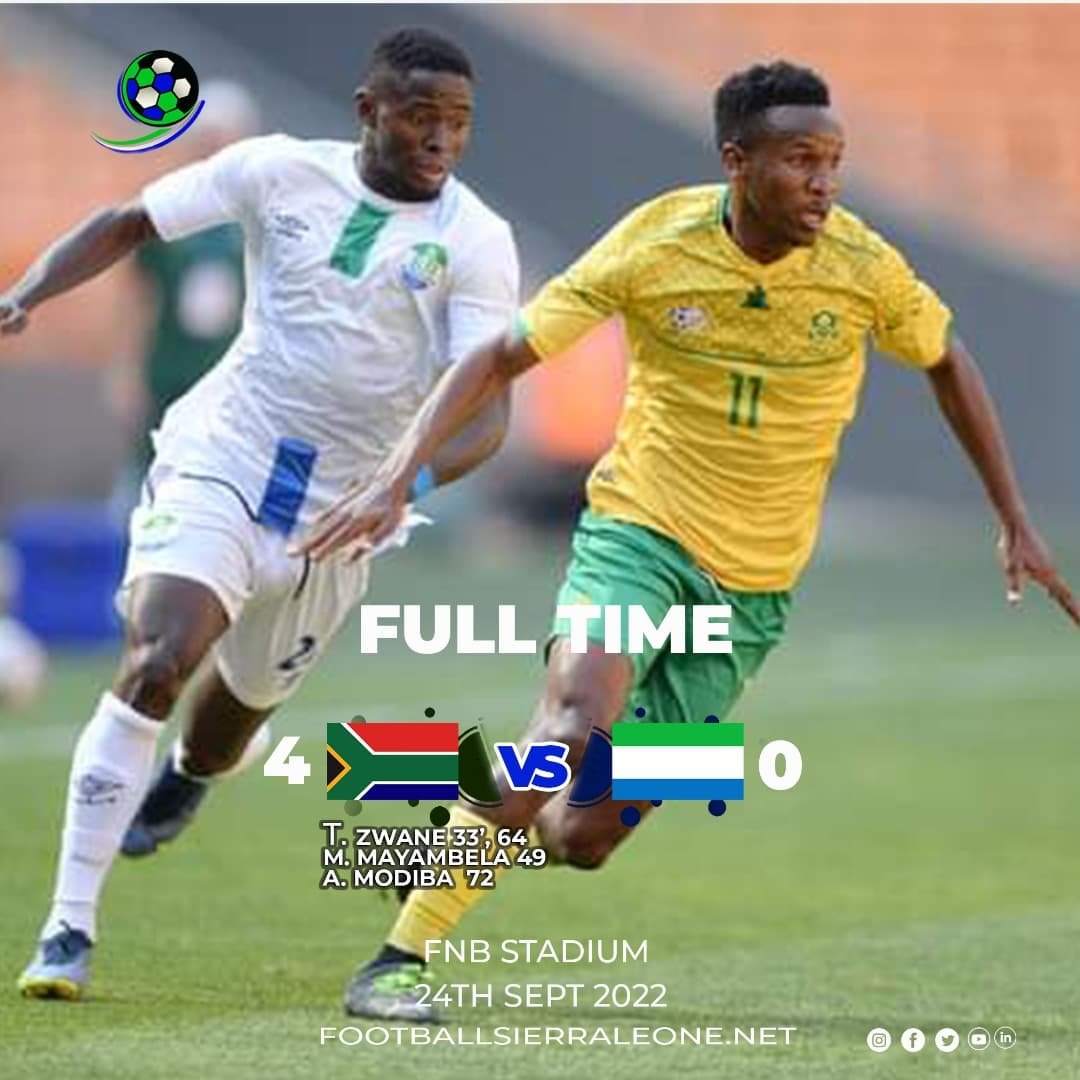 Sierra Leone's unbeaten record has now been thrashed at the FNB stadium after they succumbed to a 4-0 defeat on Saturday.