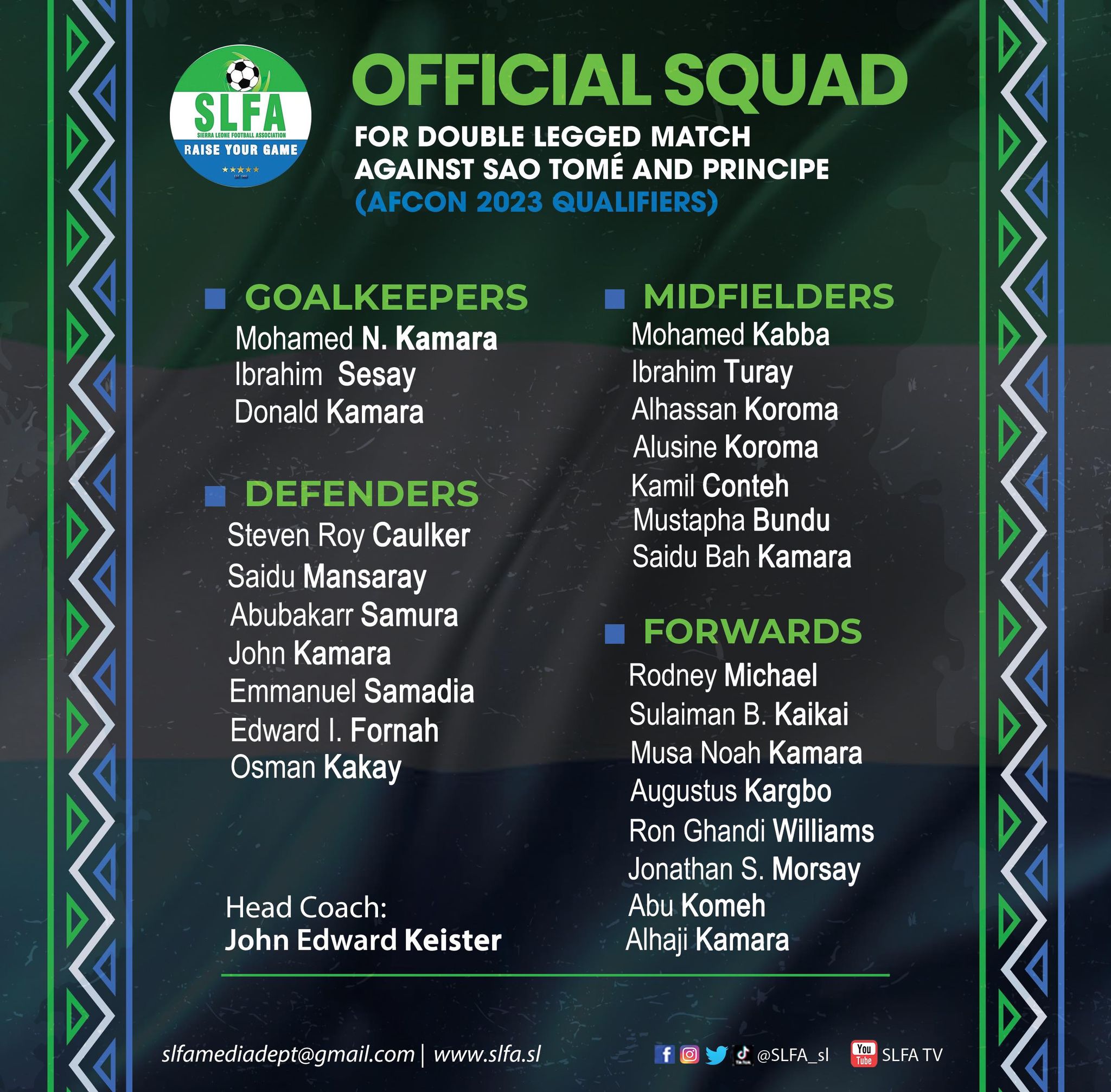 Sierra Leone Squad for AFCON qualifiers this month announced