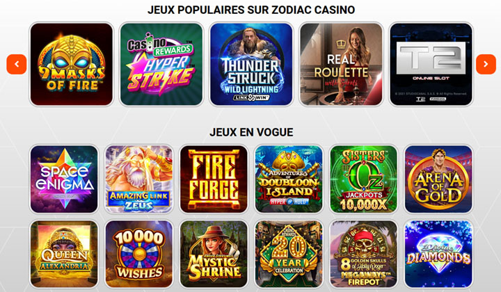 Jeux stars et machines à sous au Zodiac Casino