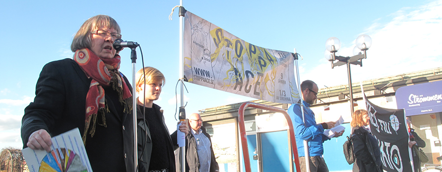 Agneta Norberg talar på en demonstration mot Arctic Challenge Exercise (ACE)