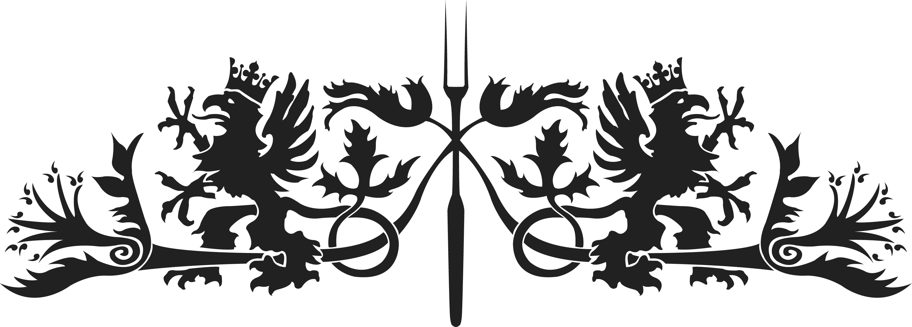 Bild: Vinjett, monogram till 'Marias Mirakulösa Döttrar' föreställande en uppåtvänd gaffel flankerad av två gripar och sirliga blommor