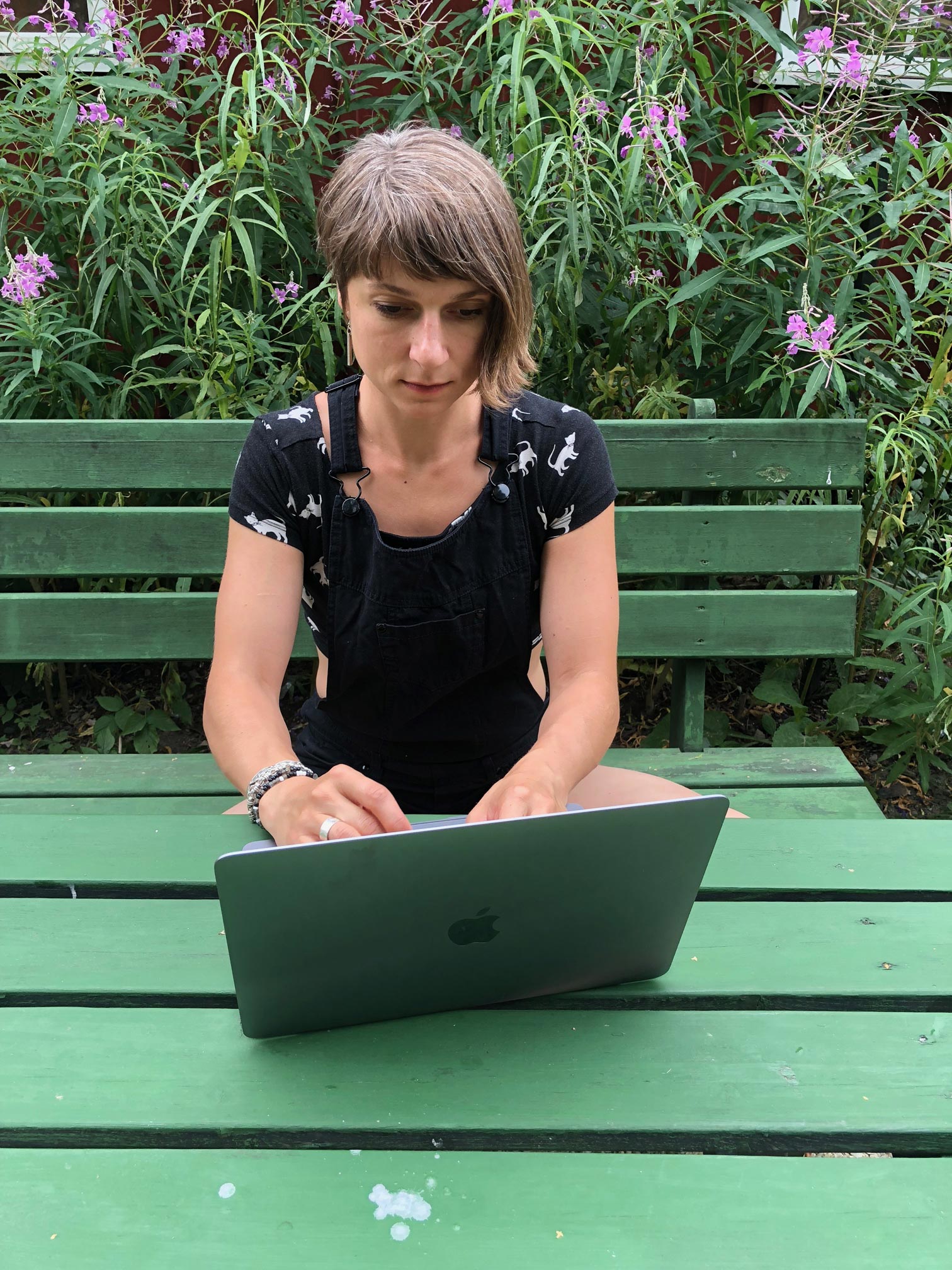 Bild: Anna Nero sitter på en grön bänk vid ett grönt bord och skriver på sin (varumärke). I fonden rikt blommande mjölkört som närmast täcker en faluröd stuga Bild: Anna Nero sitter på en grön bänk vid ett grönt bord och skriver på sin (varumärke). I fonden rikt blommande mjölkört som närmast täcker en faluröd stuga