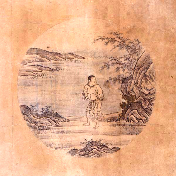 BILD: 'Sökande oxen' av Tenshō Shūbun, en ung man spanar vid sjöstranden (gammal japansk tuschmålning)